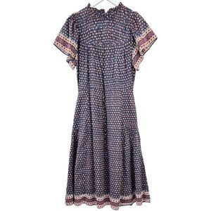 TROVATA Nancy Blue Orange Red Floral Cotton & Silk Flutter Sleeve Midi Dress